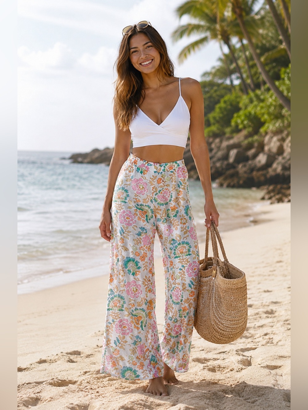 120% Lino | Women's Boho Floral 100% Linen Pull On Pants Size EU 46 US Large